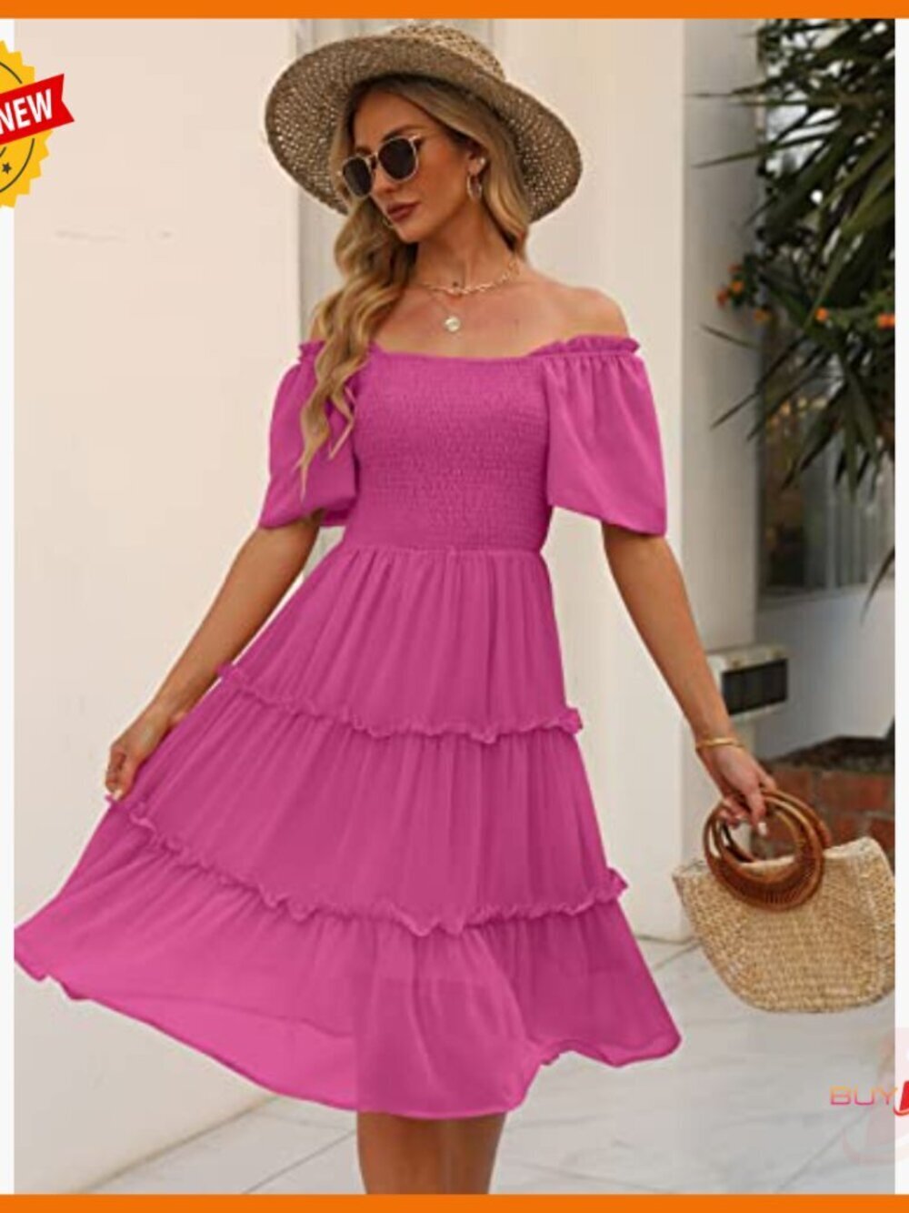Summer Casual Flutter Sleeve Square Neck Smocked Midi Dress - Picture 5 of 6